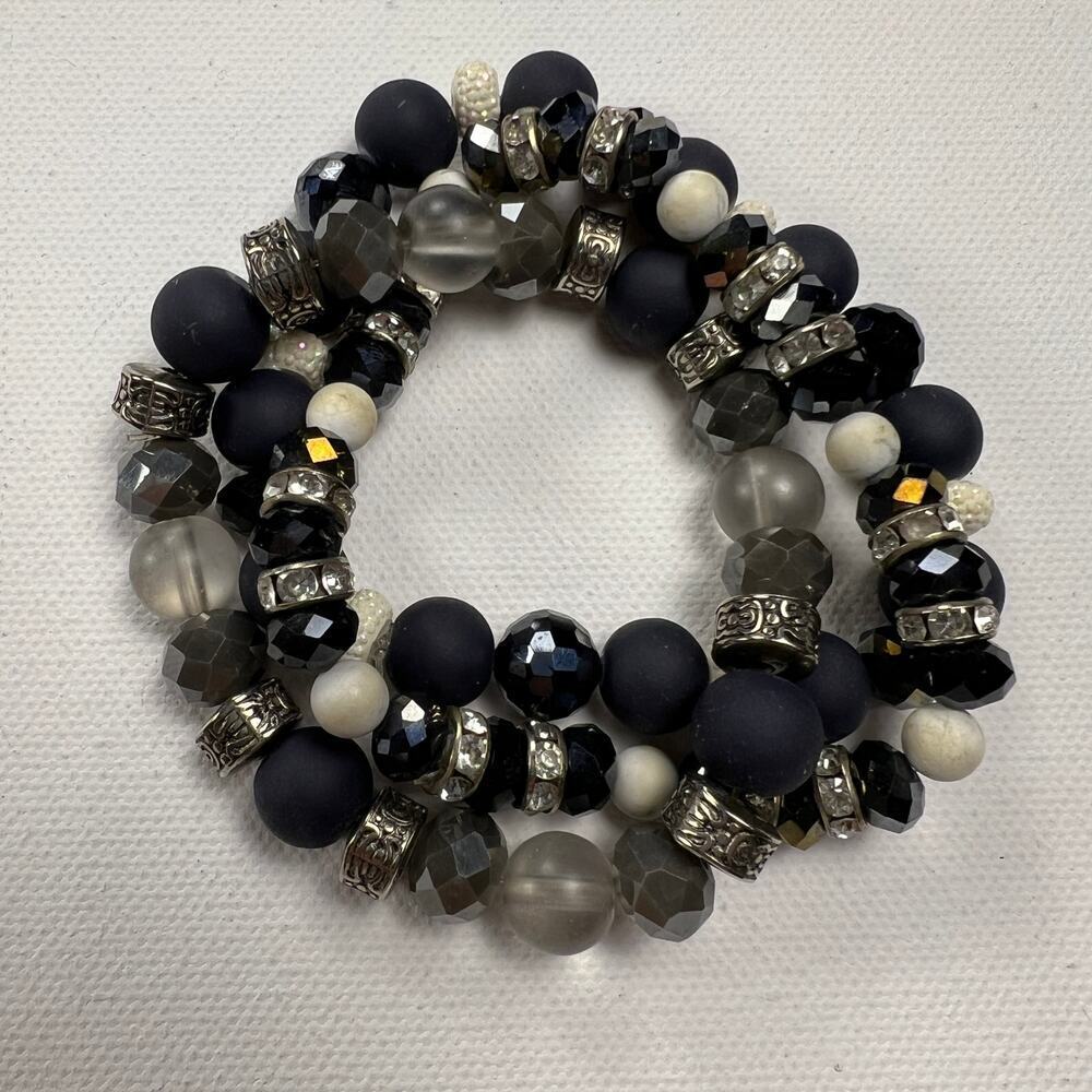 Handmade Beaded Bracelet Trio Matte Navy Crystal Silver Tone Beads